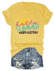 Close-up of Hello Summer print on yellow women's short sleeve crew neck t-shirt