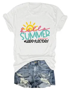 Macro view of white t-shirt with a colorful 'Hello Summer' sun graphic and text print