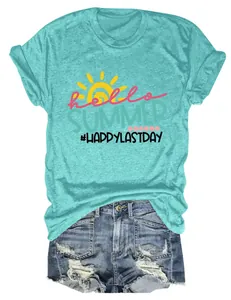 Teal crew neck tee with 'Hello Summer' graphic paired with distressed denim shorts