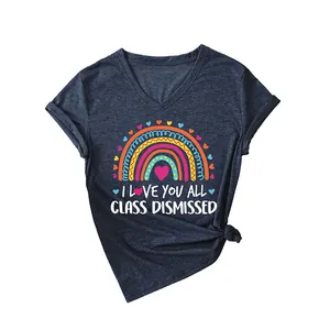 T-shirt femme col en V à manches courtes avec arc-en-ciel et imprimé