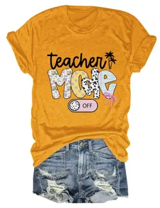 Detail des Aufdrucks Teacher Mode Off auf einem orangefarbenen Damen-T-Shirt mit Rundhalsausschnitt