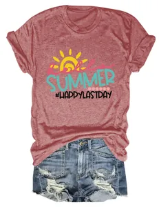 Detailed macro shot of a brick red casual t-shirt with Hello Summer graphic and denim shorts