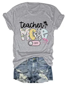 Detail des teacher mode off-Drucks auf grauem Baumwoll-T-Shirt für Damen