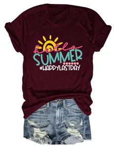 Detail of maroon t-shirt with 'Hello Summer Happy Last Day' sun graphic and denim shorts.