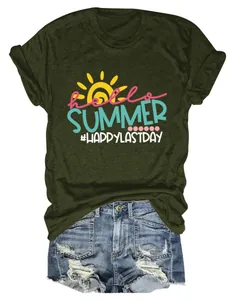 Detailed view of women's olive green Hello Summer T-shirt and ripped denim shorts
