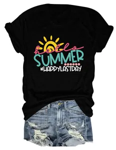 Close-up of Hello Summer graphic print on black women's short sleeve T-shirt