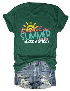 Close-up of green Hello Summer graphic tee with distressed denim shorts