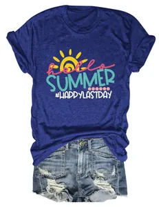 Blue women's crew neck T-shirt with colorful Hello Summer print and denim shorts