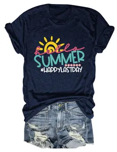 Detailed view of the Hello Summer graphic print on a comfortable navy blue round neck t-shirt