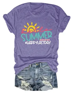 Detailed view of Hello Summer graphic print on a purple cotton blend crew neck t-shirt.
