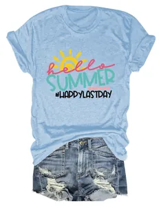 Close-up of the Hello Summer Happy Last Day print on a blue casual crewneck T-shirt