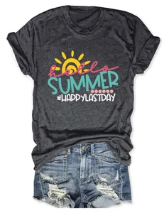 Detail of gray women's T-shirt with Hello Summer print and sun graphic design