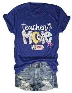 Detailansicht des Lehrer-Modus-Aus-Grafikdrucks auf blauem Damen-Freizeit-T-Shirt