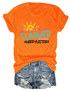 Vibrant orange short-sleeve T-shirt for women featuring Hello Summer graphic print