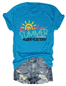 Detailed view of women's casual blue Hello Summer print short sleeve round neck t-shirt