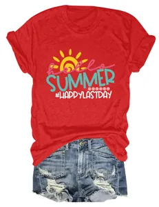Red Hello Summer graphic T-shirt with distressed denim shorts for casual wear