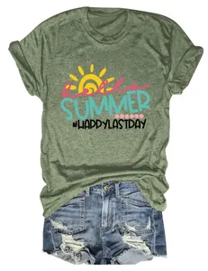 Casual green Hello Summer T-shirt and distressed denim shorts outfit set