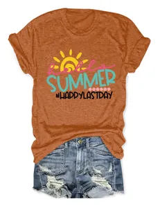 Detailed view of the vibrant Hello Summer print on an orange women's crew neck T-shirt