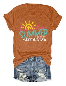 Close-up view of the Hello Summer graphic print on an orange crew neck cotton T-shirt.