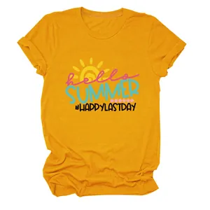 Close-up detail of mustard yellow t-shirt featuring Hello Summer sun graphic print