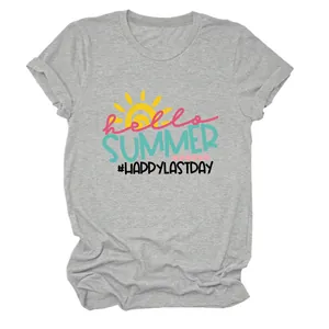 Detail of grey crew neck T-shirt with Hello Summer print for casual women's fashion