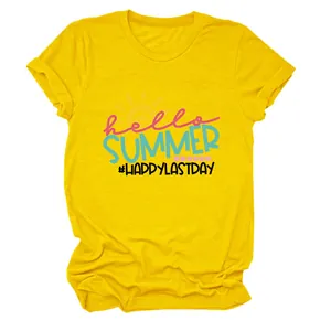 Close-up detail of the Hello Summer graphic print on a bright yellow women's cotton T-shirt