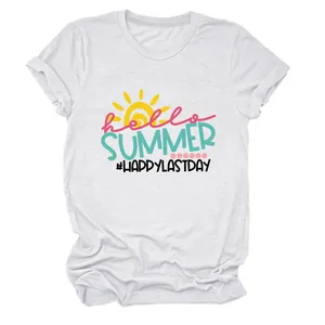 Detailed view of Hello Summer and Happy Last Day graphic print on white women's t-shirt