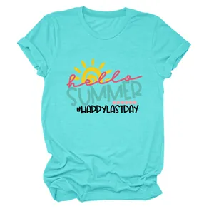 Close-up of Hello Summer print on turquoise women's crew neck t-shirt