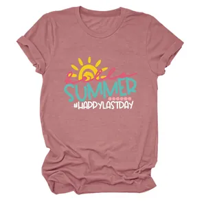 Mauve women's short sleeve T-shirt with Hello Summer and Happy Last Day graphic print.