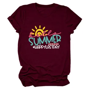 Detail of women's burgundy T-shirt with Hello Summer and Happy Last Day graphic print