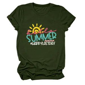 Detail of the Hello Summer Happy Last Day sun print on olive green casual T-shirt