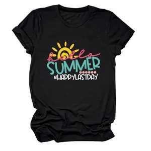 Women's casual black T-shirt featuring a colorful Hello Summer and Happy Last Day graphic print.