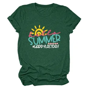 Detail of dark green women's short sleeve T-shirt with Hello Summer graphic print