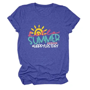 Detailed view of women's blue crew neck t-shirt with Hello Summer print