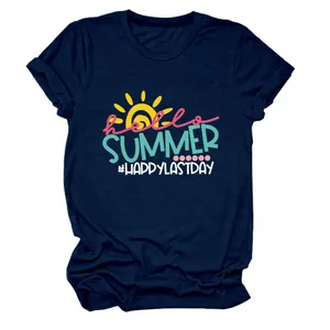 Detailed view of navy blue crew neck T-shirt featuring Hello Summer graphic print