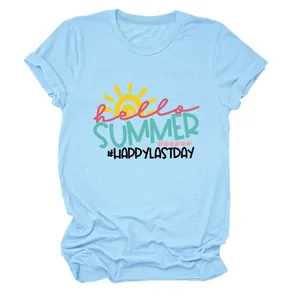 Detail view of light blue women's T-shirt with 'Hello Summer' graphic print and sun icon.