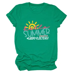 Emerald green short sleeve T-shirt with sun graphic and 'Hello Summer' text design