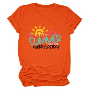 Bright orange women's crew neck T-shirt featuring a vibrant 'Hello Summer' sun graphic design