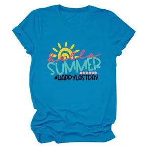 Detailed view of the vibrant Hello Summer graphic on a blue cotton crewneck T-shirt