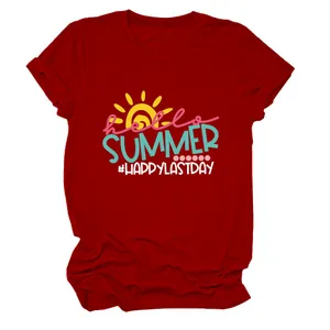 Macro view of Hello Summer sun graphic print on classic red round neck women's T-shirt