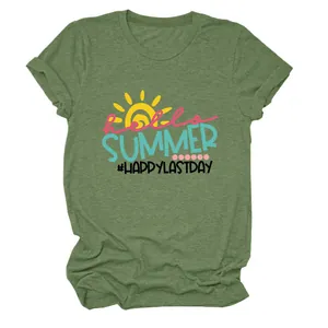 Detail of olive green T-shirt featuring vibrant 'Hello Summer' graphic print.