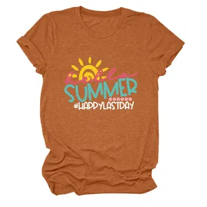 Detailed view of women's rust orange t-shirt with Hello Summer sun graphic print