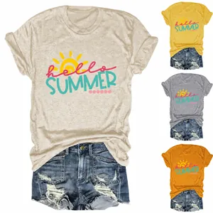 Women Casual Cotton T-Shirt Round Neck Short Sleeve Top Hello Summer Graphic Printed Tee Loose Fit Summer Fashion Clothing