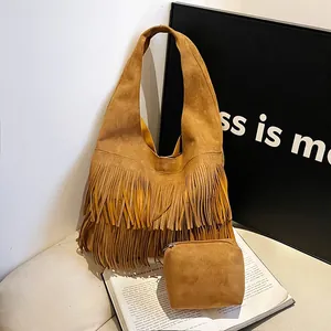 Vintage Matte Tassel Shoulder Bag Women Large Capacity Tote Bag PU Leather Bohemian Underarm Sub-mother Bag Set
