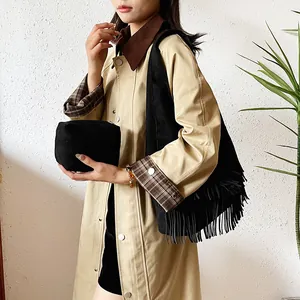 Retro matte black fringe tote bag set with matching pouch, stylish large capacity shoulder bag