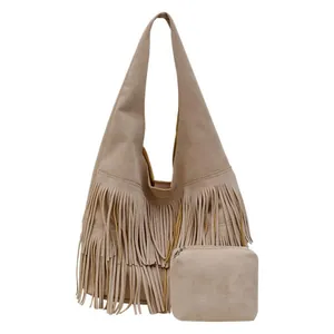 Vintage khaki suede fringe tote bag with matching pouch and large capacity for women