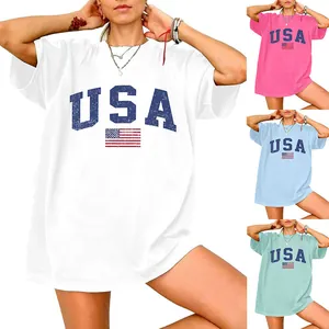 Detail view showing oversized USA flag T-shirt available in white, pink, blue, and green