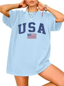 Loose light blue USA flag print T-shirt for women, casual oversized fit details view