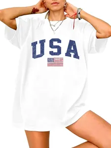 Oversized white T-shirt for women featuring a distressed USA and flag print design