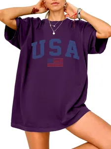 Detail of oversized purple T-shirt for women featuring blue USA flag print design
